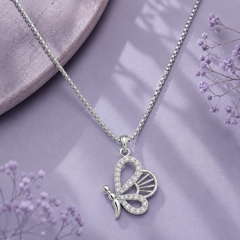 Silver Flying Butterfly Pendant Necklace