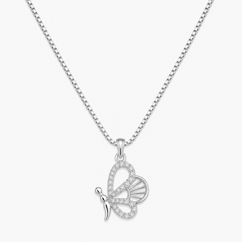 Silver Flying Butterfly Pendant Necklace