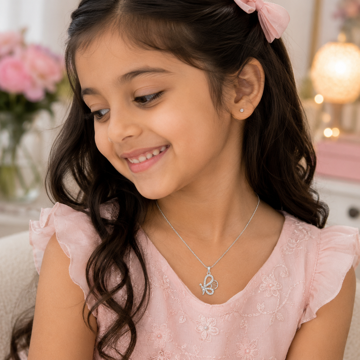 Silver Flying Butterfly Pendant Necklace