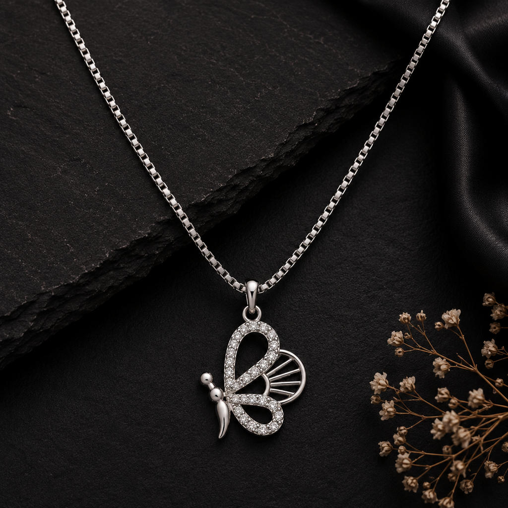 Silver Flying Butterfly Pendant Necklace