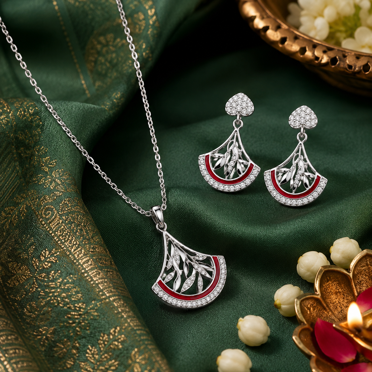 Silver Scarlet Fan Pendant Necklace