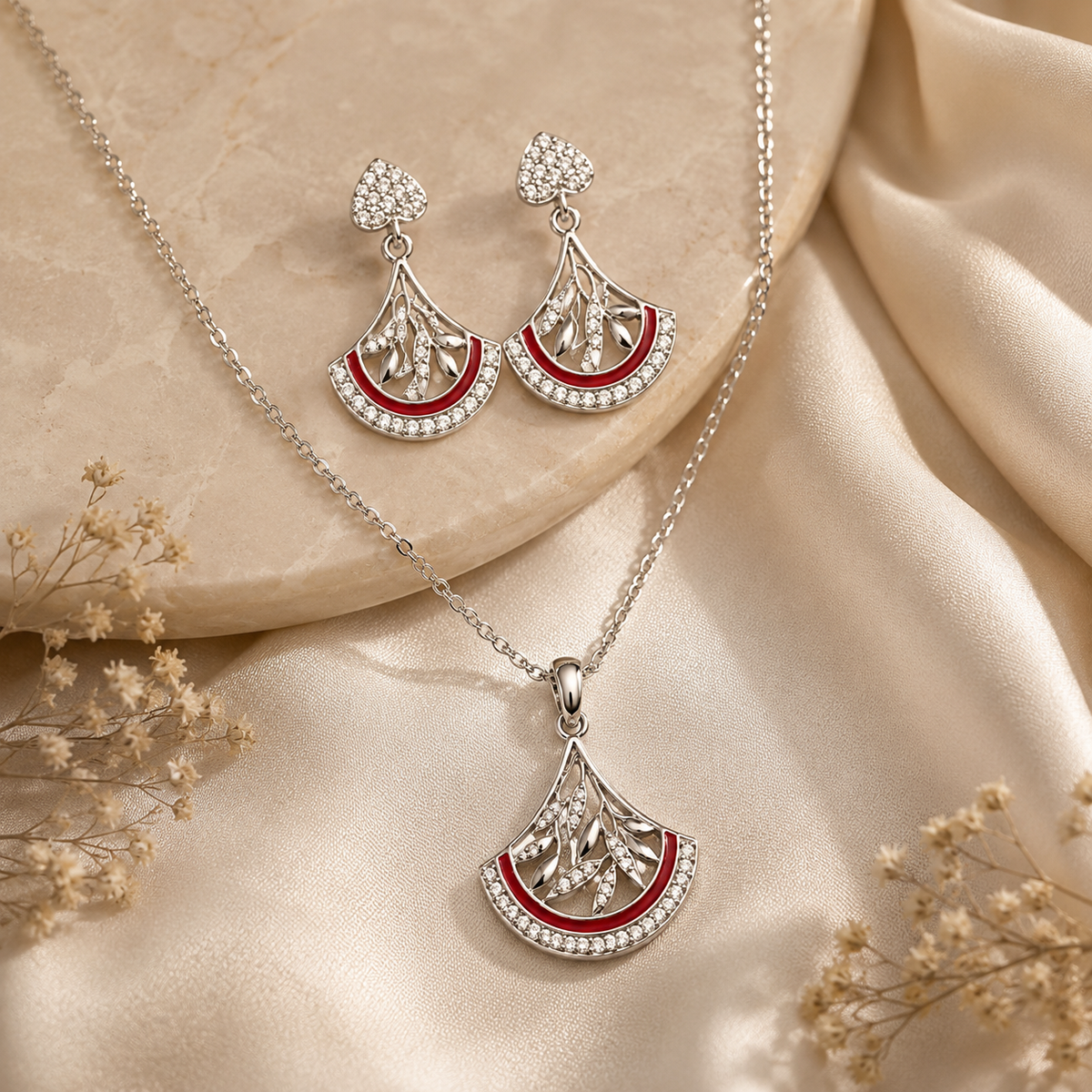 Silver Scarlet Fan Pendant Necklace