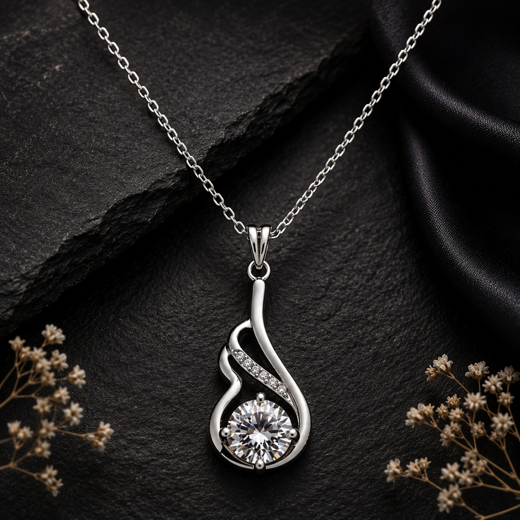 Silver Solitaire Swirl Pendant Necklace