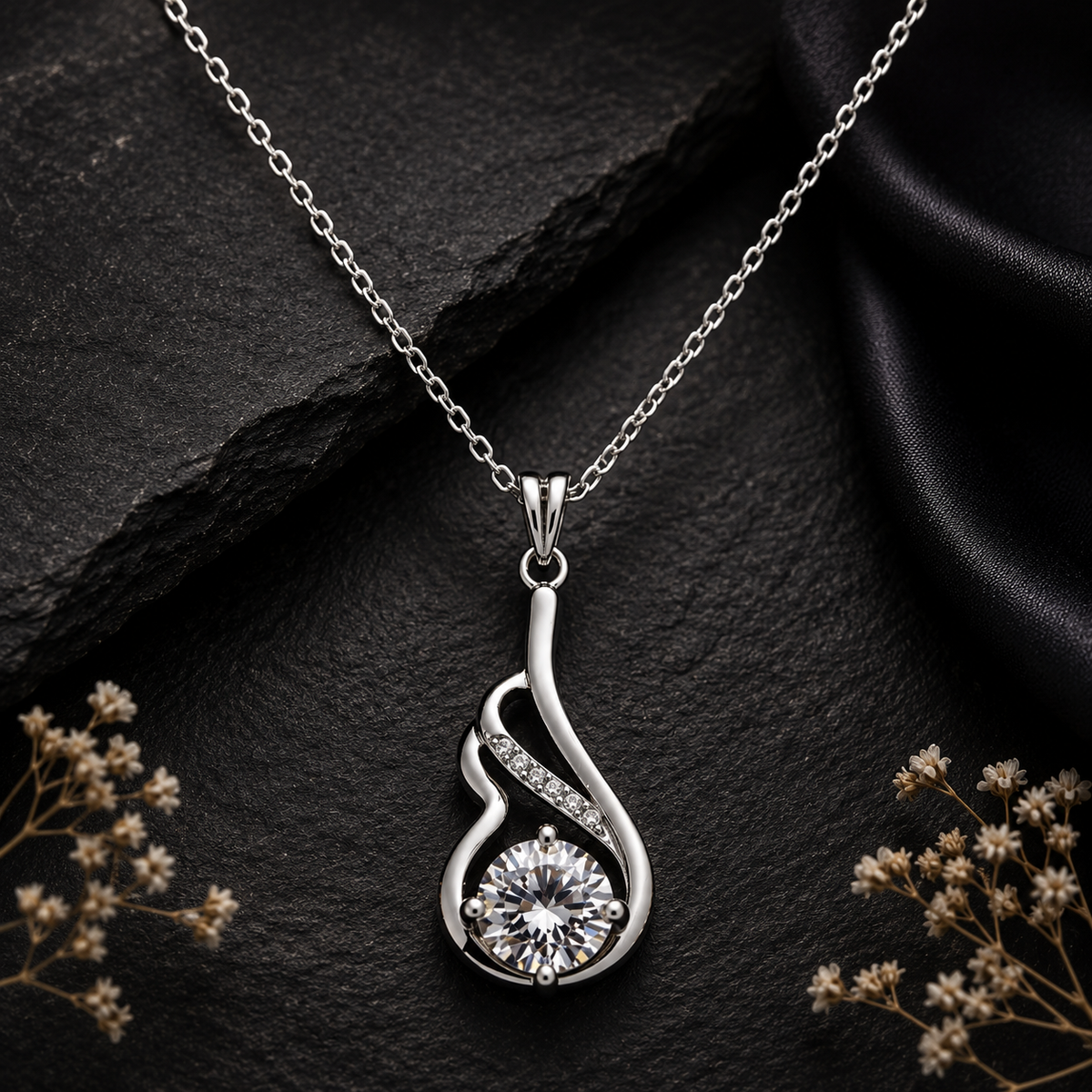 Silver Solitaire Swirl Pendant Necklace