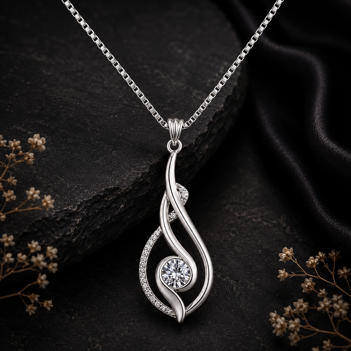 Silver Twisted Solitaire Pendant Necklace